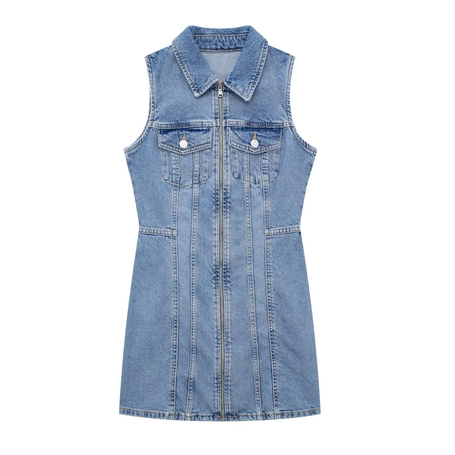 Retro Overalls Zip Up Collared Sleeveless Denim Dress