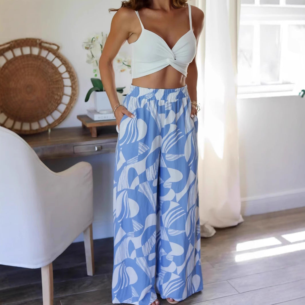 Geometric Abstract Printed Elastic Waist Wide Leg Pants