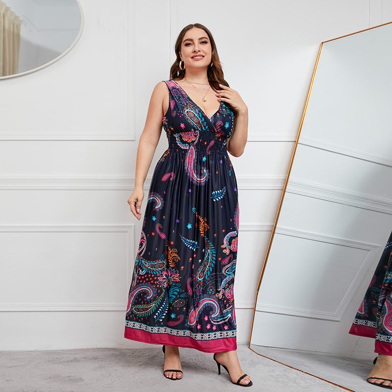 Plus Size Dress Deep V-neck Elastic Waist Maxi Dress