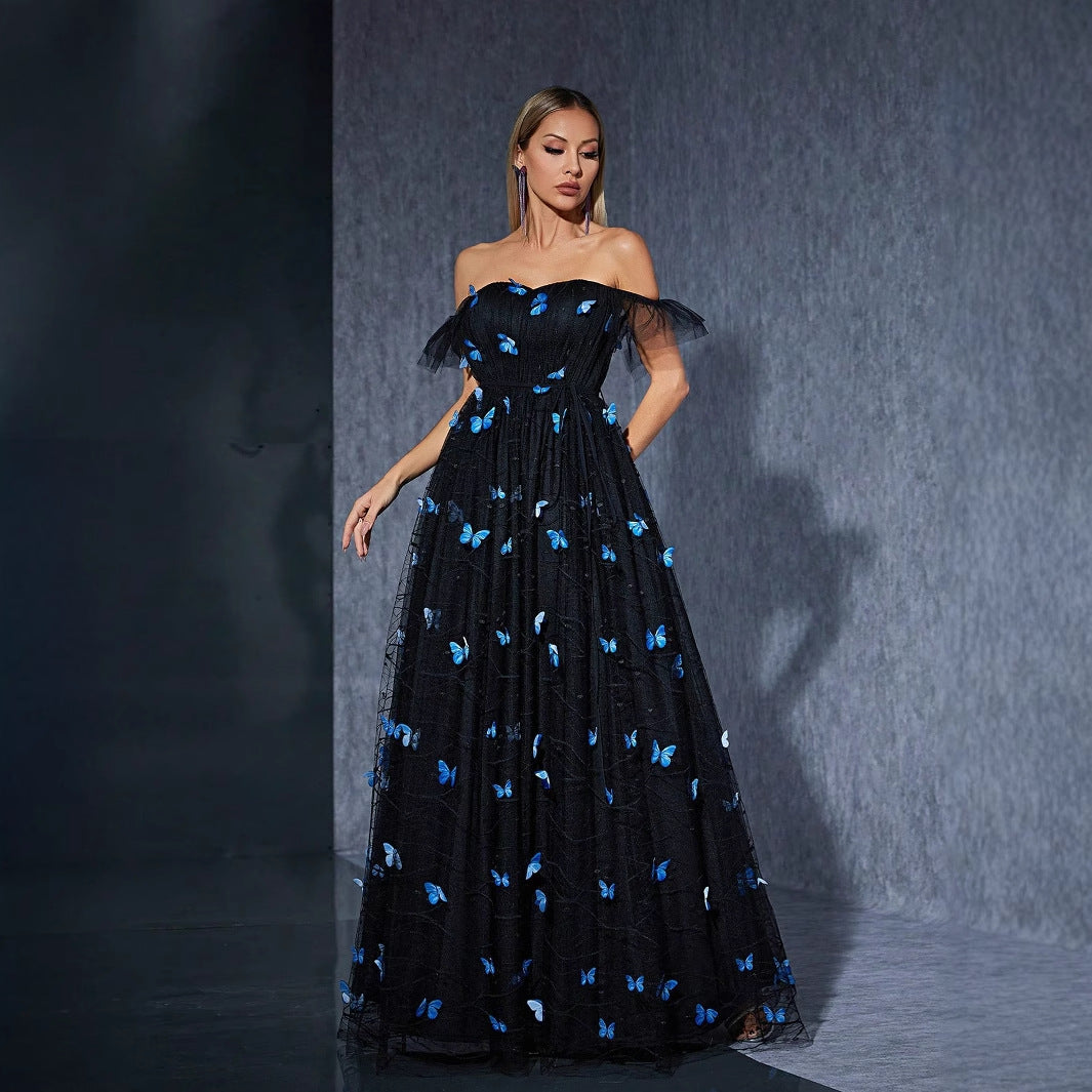 Black off Shoulder Dress Butterfly Embroidered Mesh Cocktail Party Evening Dress