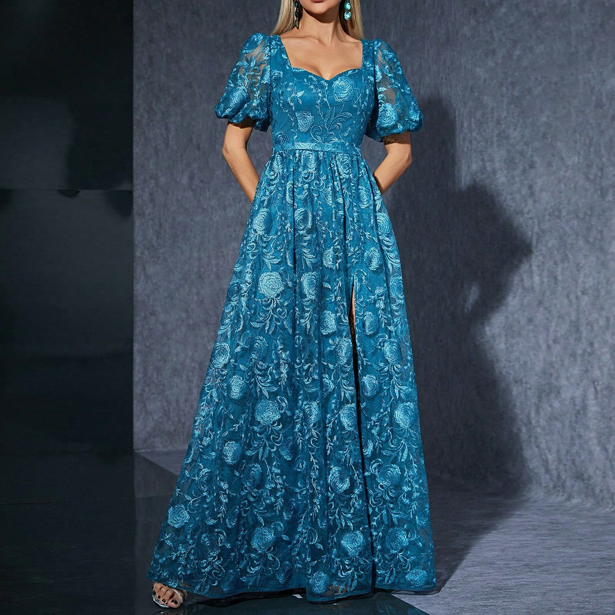 Blue Puff Sleeve Formal Dress