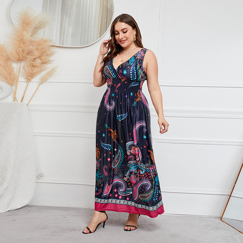 Plus Size Dress Deep V-neck Elastic Waist Maxi Dress