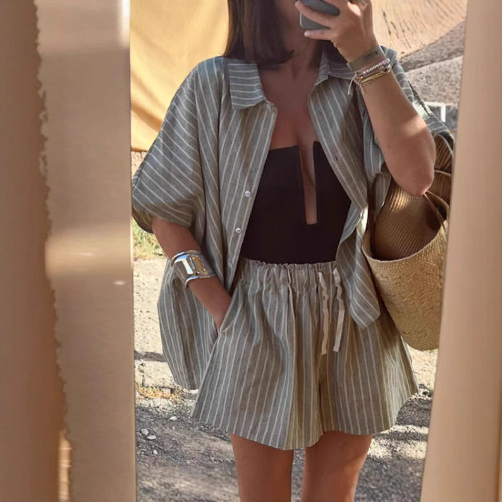 Summer Striped Shirt & Shorts Loose Casual Two Piece Set for Women