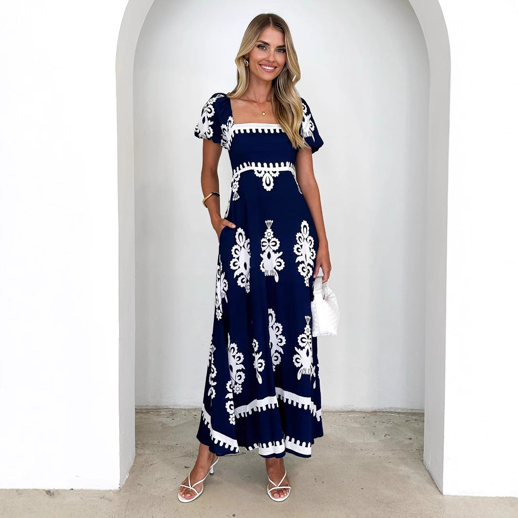 Summer Women Clothing Vacation Printed Beach Dress Smocking Dress Women