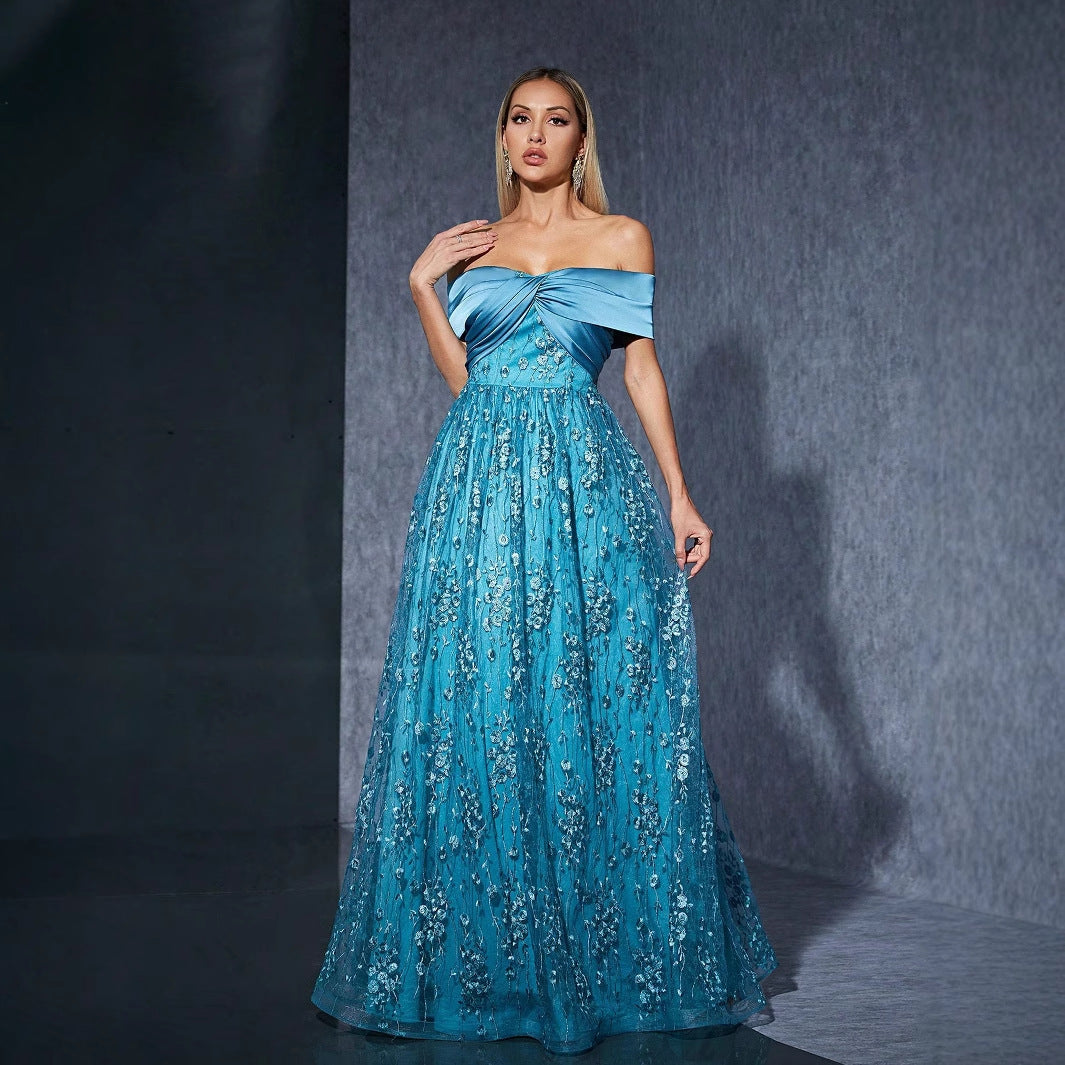 Off Shoulder Bow Dress Embroidery Elegant Evening Dress