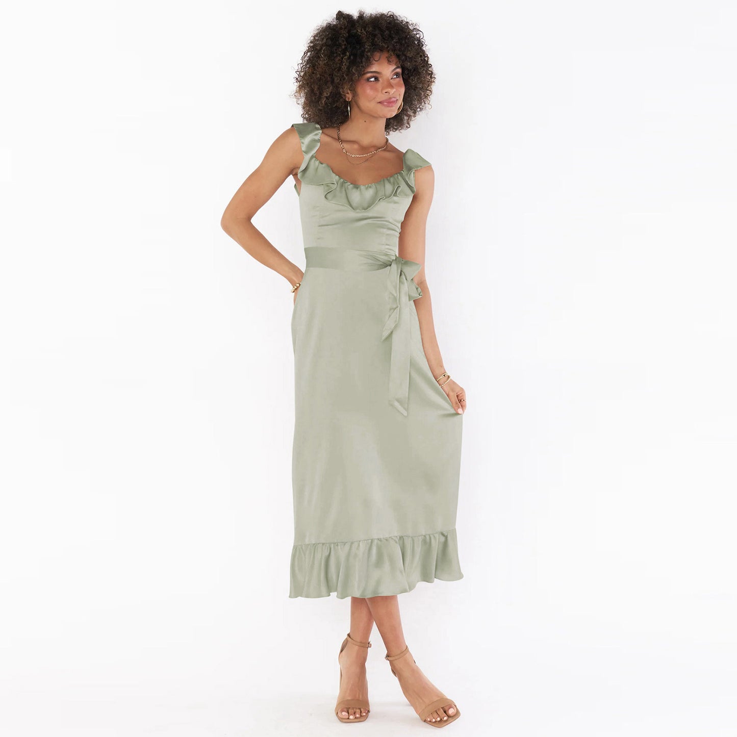 Ophelia Ruffled Satin Elegant Sleeveless Occasion Dress