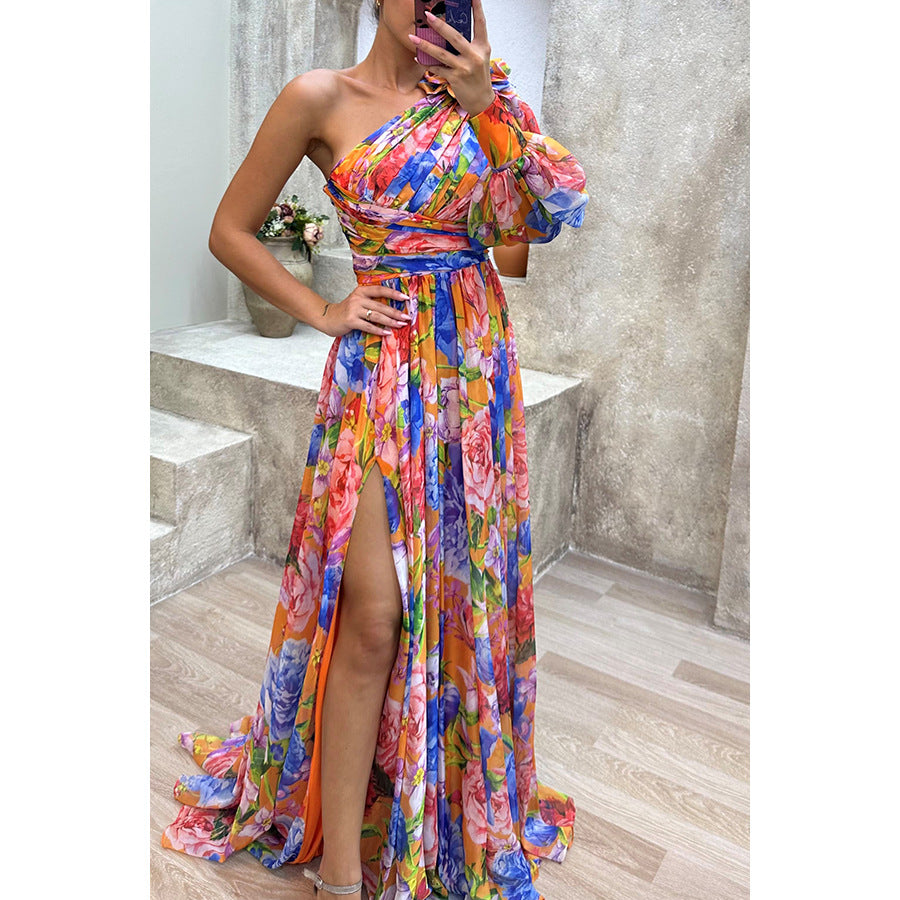 Printed One Shoulder High Split Maxi Dress