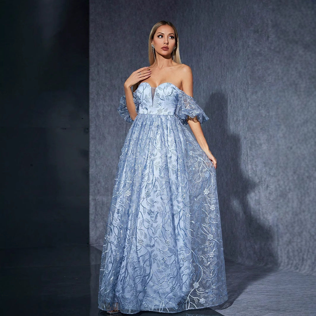 Off Shoulder Mesh Embroidered Evening Dress Ball Cocktail