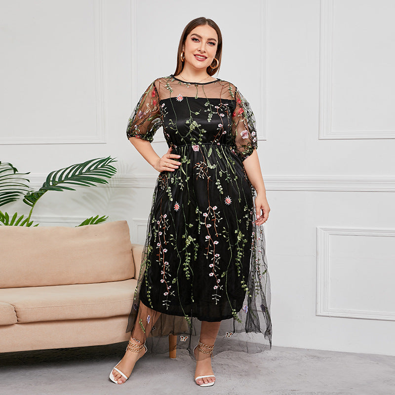 Mesh Embroidered Formal Party Maxi Dress