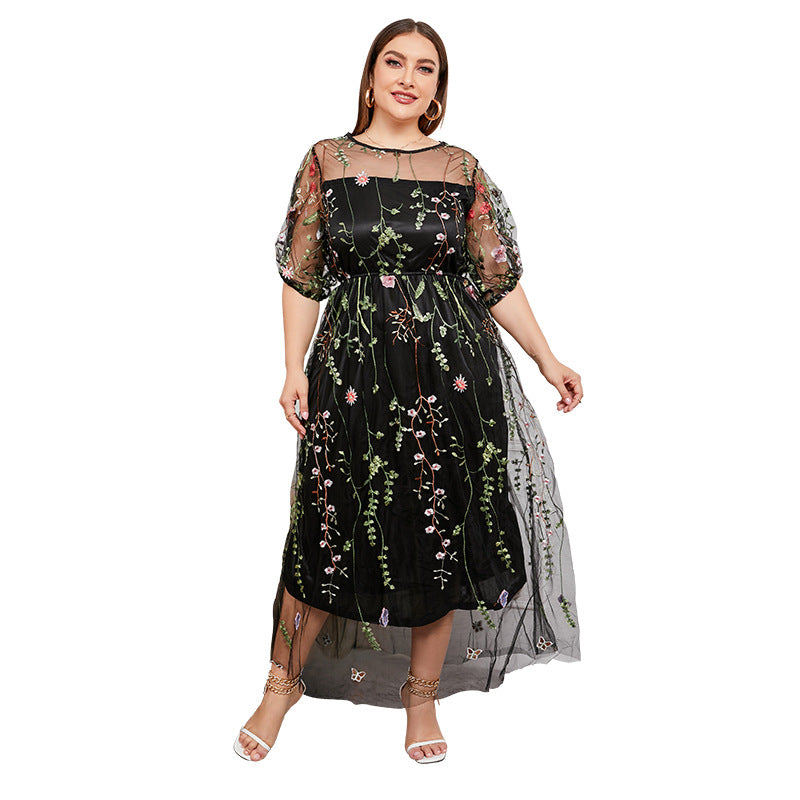 Mesh Embroidered Formal Party Maxi Dress
