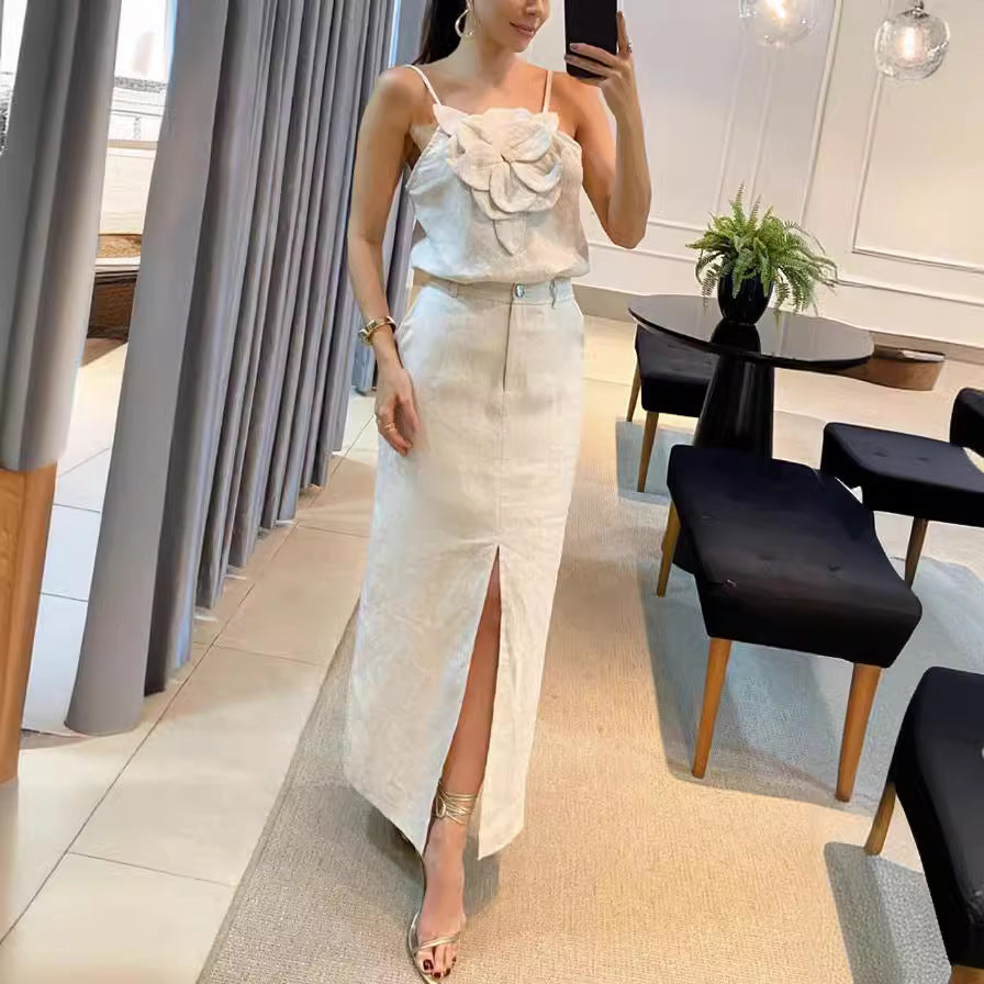 3D Floral Strap Top and Skirt Cotton Linen Set Women