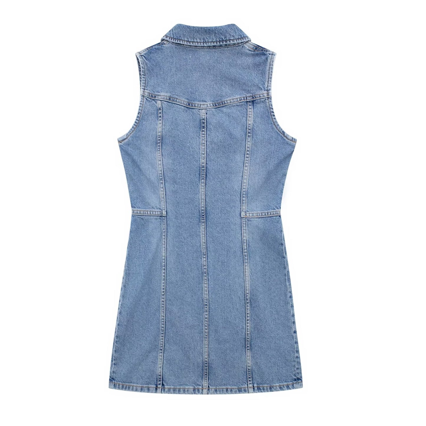 Retro Overalls Zip Up Collared Sleeveless Denim Dress