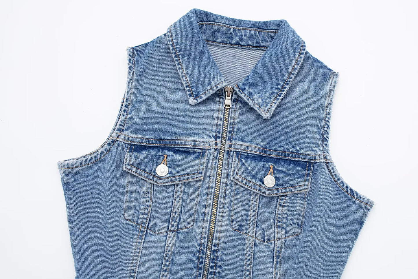 Retro Overalls Zip Up Collared Sleeveless Denim Dress