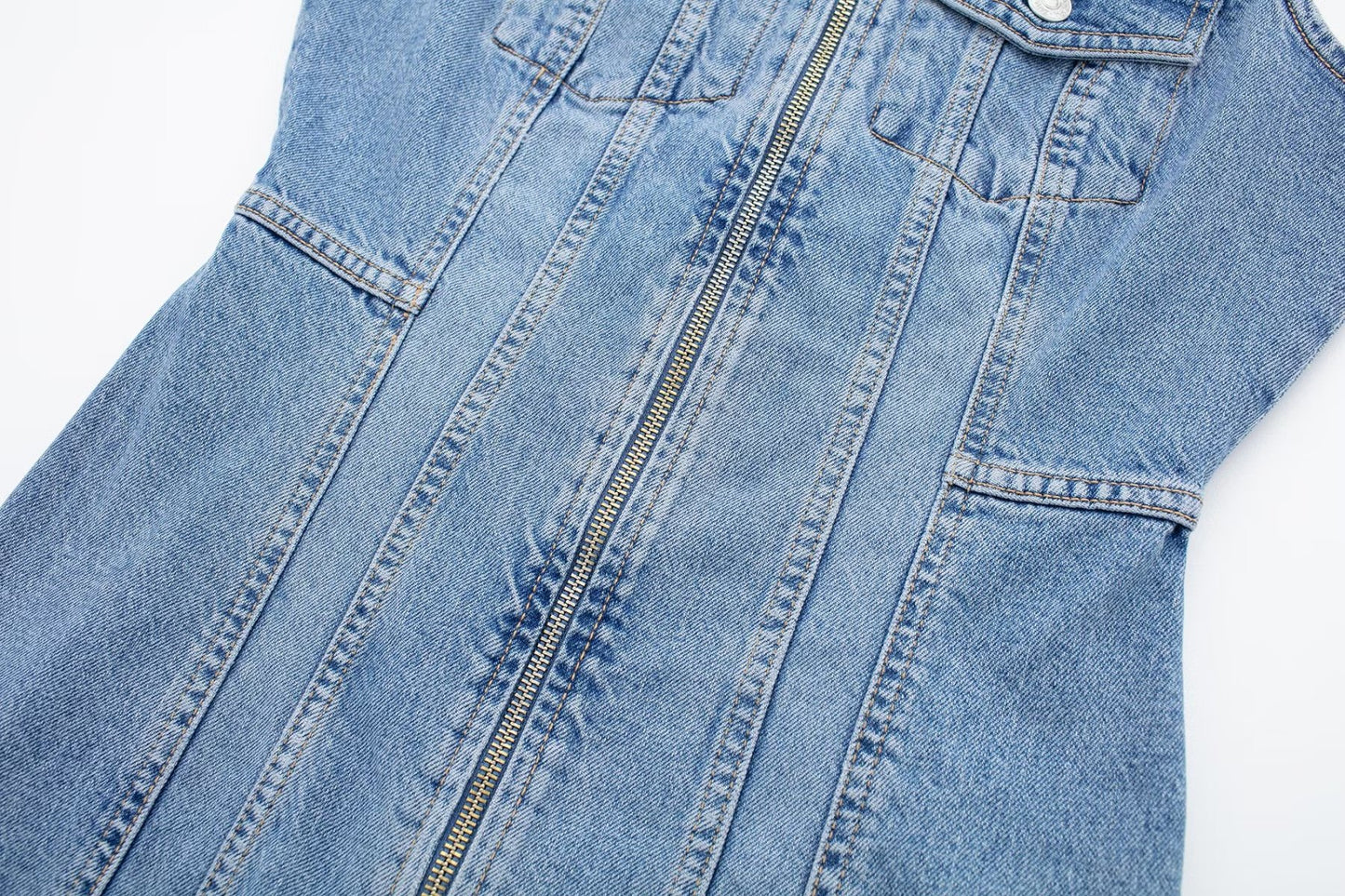 Retro Overalls Zip Up Collared Sleeveless Denim Dress