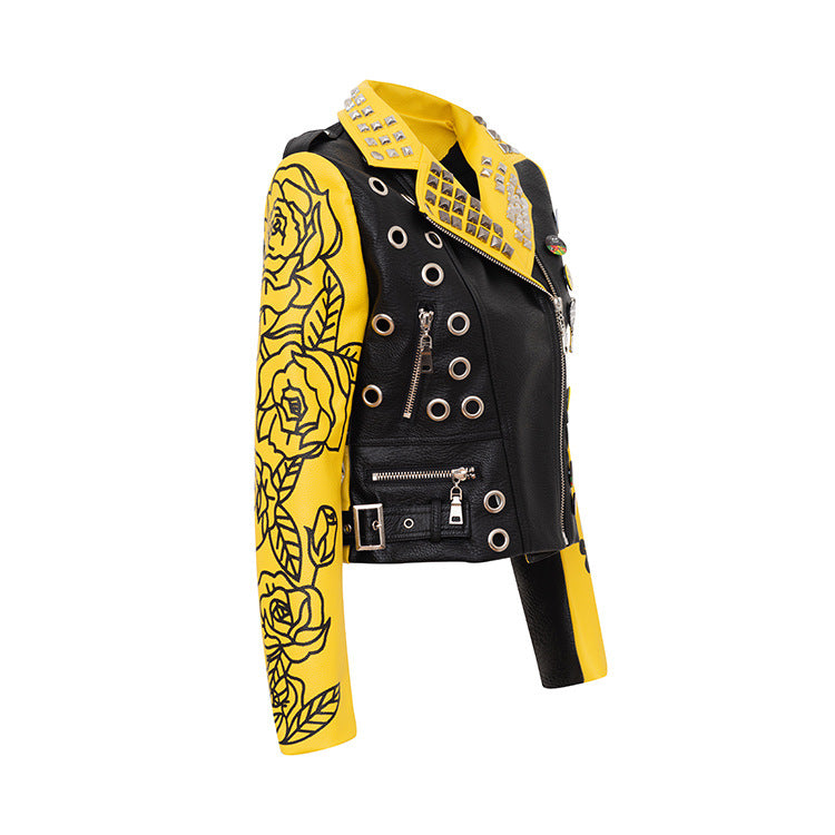 Black and Yellow Leather Womens Jacket