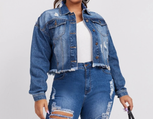 Plus Size Ripped Denim Jacket Coat
