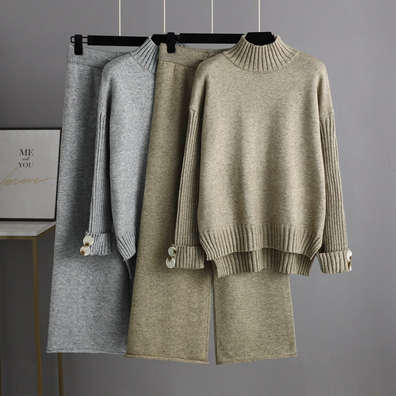 High Collar Solid Knit Set