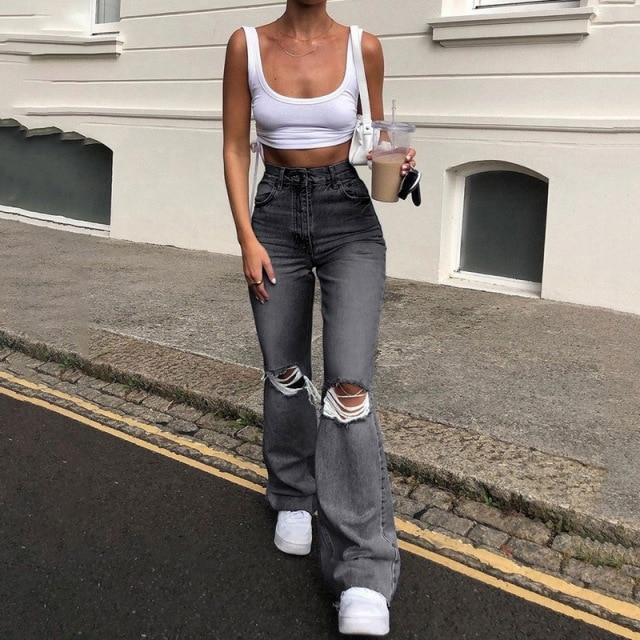 Stretch Slim Knee Hole Bell-Bottom Pants