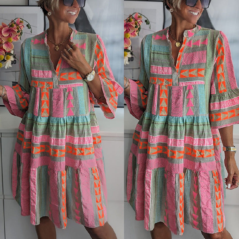 Printed V-neck Three Quarter Sleeve Dress