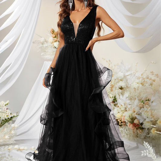 Black Sequined V Neck Gown