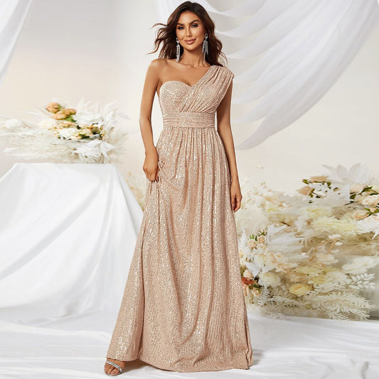Tiara One Shoulder Sleeveless Elegant Sequined Maxi Dress