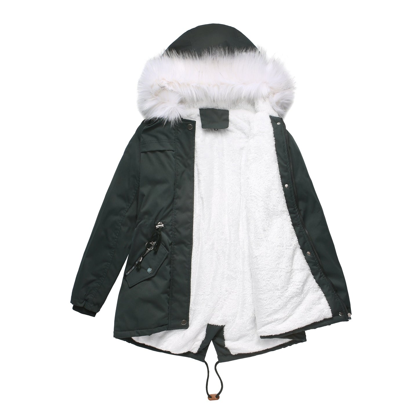 Mid-Length Fleece Lined Coat with Fur Collar
