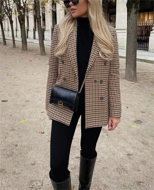 Vintage Single Breasted Long Sleeve Plaid Women Padded Shoulder Blazer