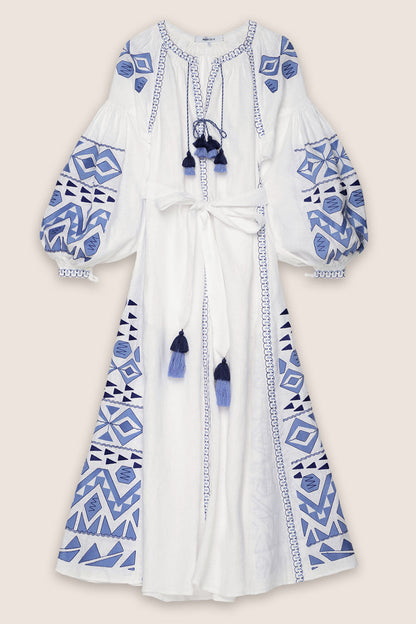 Embroidered Lantern Sleeve Boho Kaftan Dress