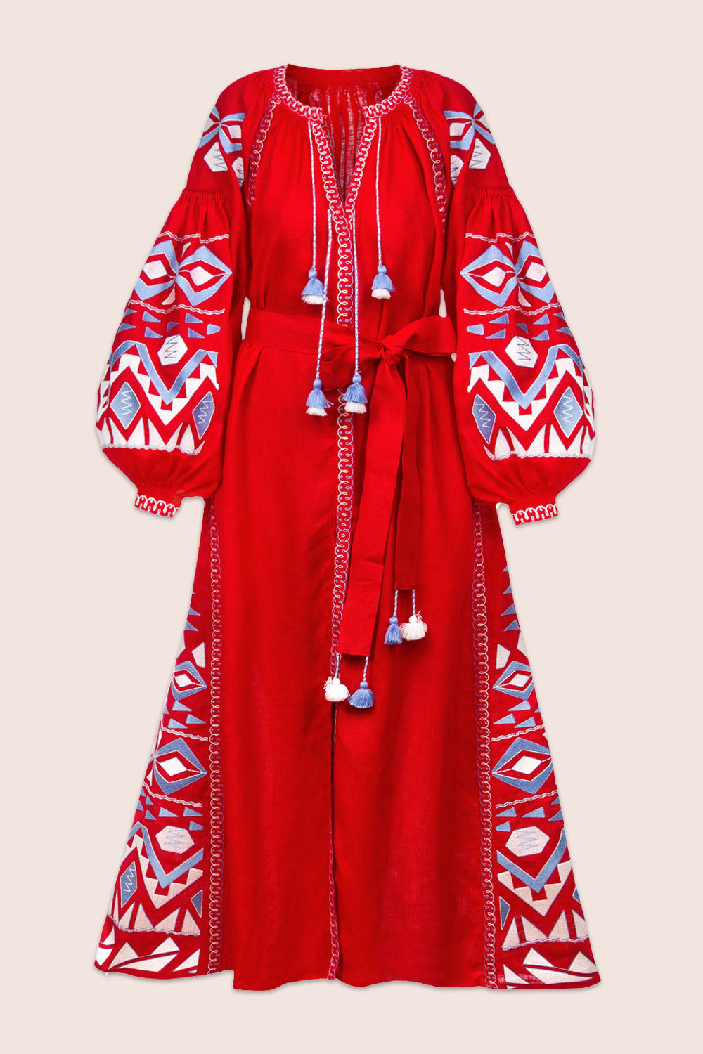 Embroidered Lantern Sleeve Boho Kaftan Dress