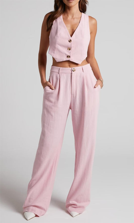 Sleeveless Casual Top and Wide Leg Pants Suit