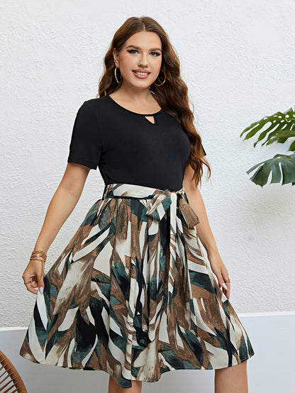 Plus Size Color Block Lace up Dress
