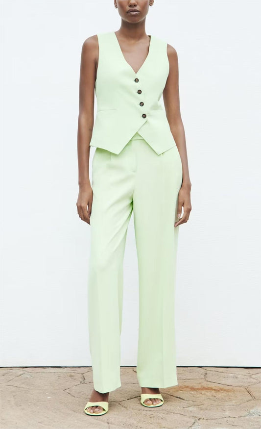 Sleeveless V neck Vest & Bottom Set