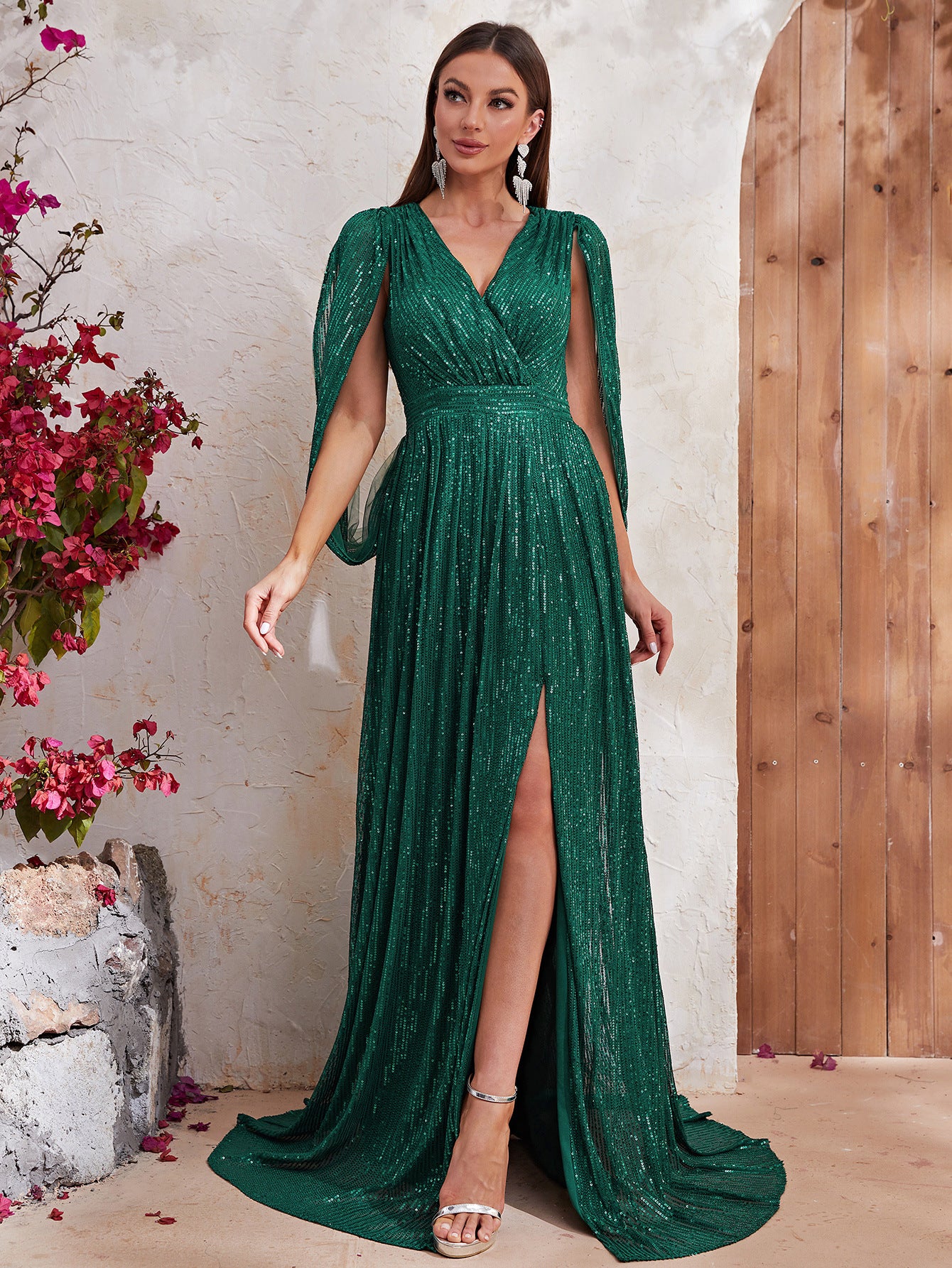Green Sequin High Slit Maxi Dress