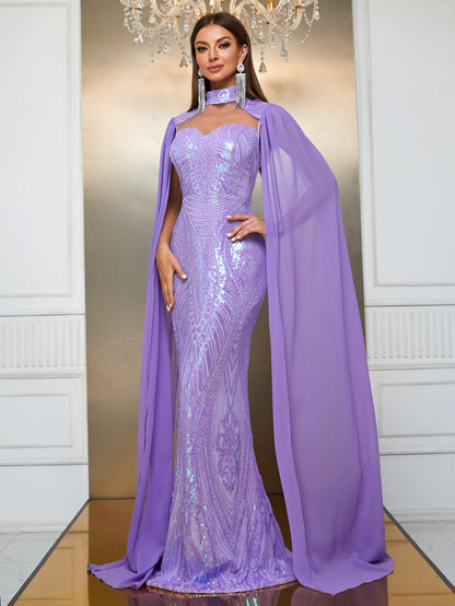 Lilac Sequined Halter Sleeves Formal Gown