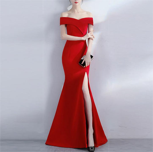 Off Shoulder Solid High Slit Gown