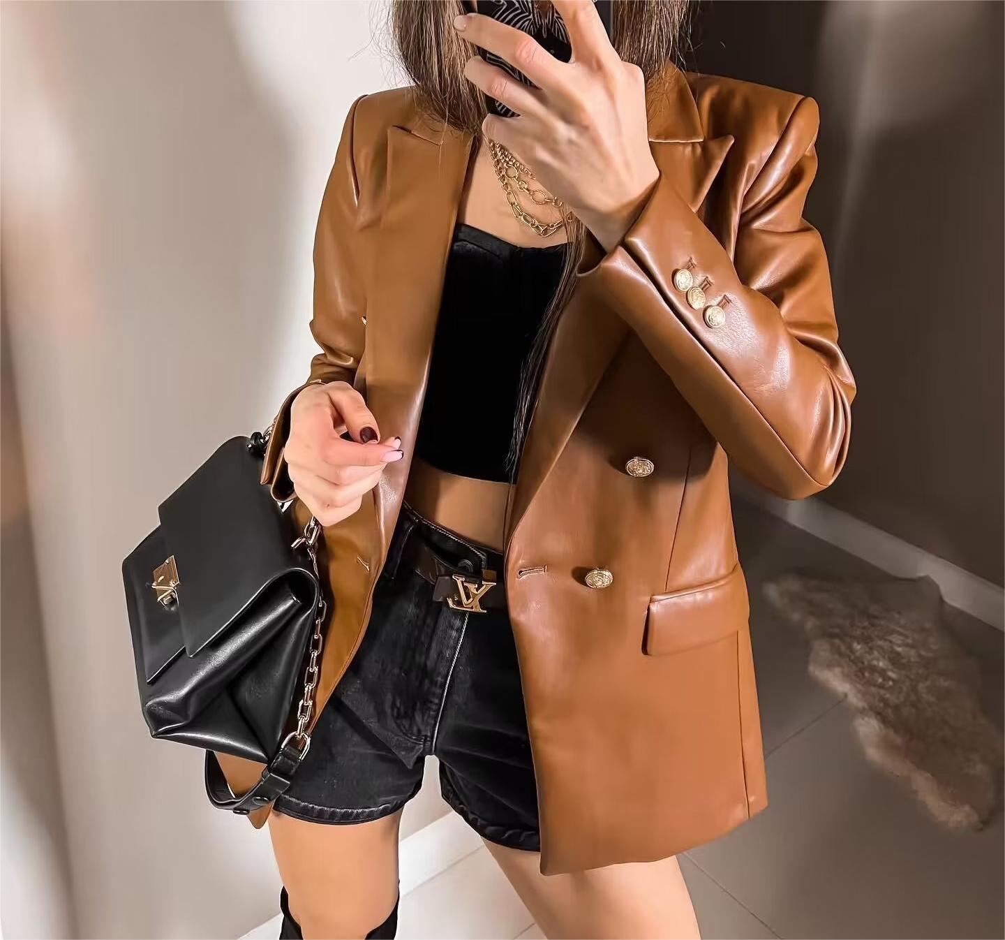 Faux Leather Double Breasted Blazer Loose Faux Leather
