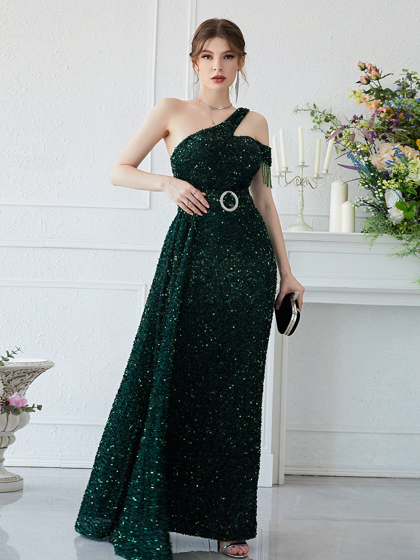 Ezra Sequin Off Shoulder Sleeveless Evening Dress