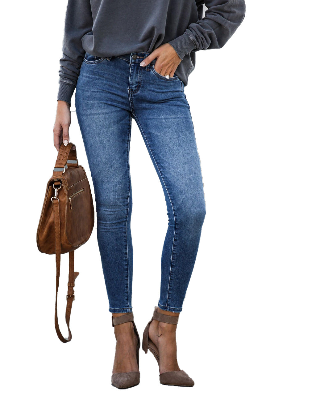 Stretch Mid-Waist Slim Fit Denim Ankle-Length Pants