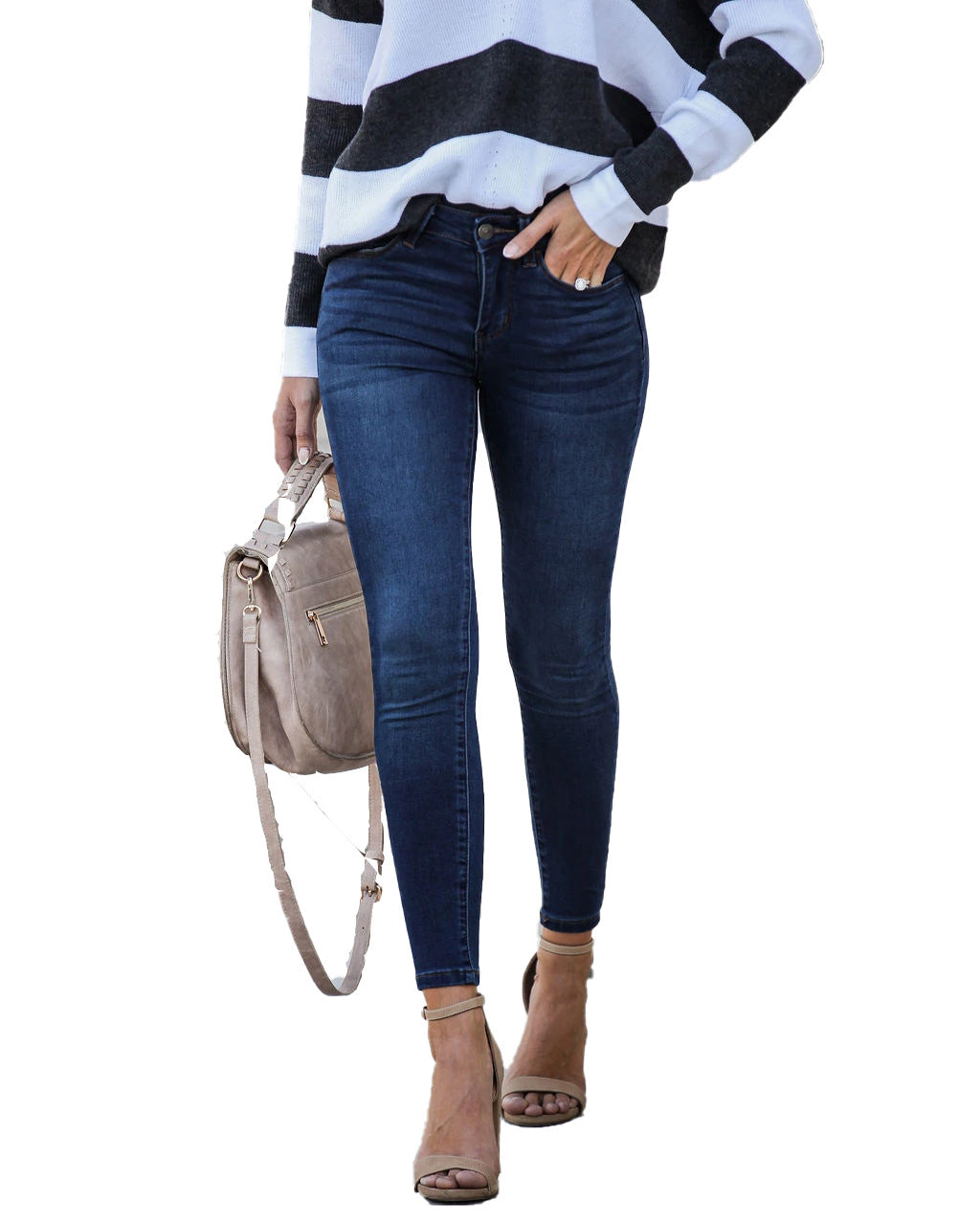 Stretch Mid-Waist Slim Fit Denim Ankle-Length Pants