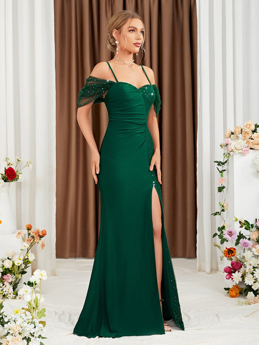 Off Shoulder Spaghetti Straps Evening Dress Slit Gown