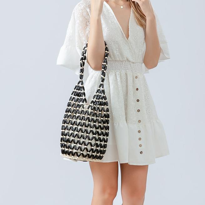 Hollow Out Cutout Handbag with Wooden Beads Handmade Eco-Friendly