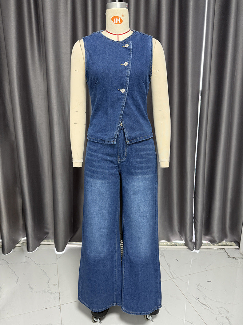 Sleeveless Vest Wide Leg Denim Two Piece Sets