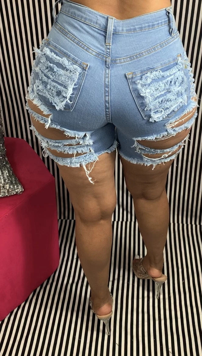 Cropped and Ripped Stretch Denim Shorts