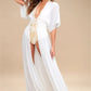 Slubbed Fabric Stitching Lace Beach Cover up Sexy Cardigan Vacation Sun Protection Shirt Bikini Cover