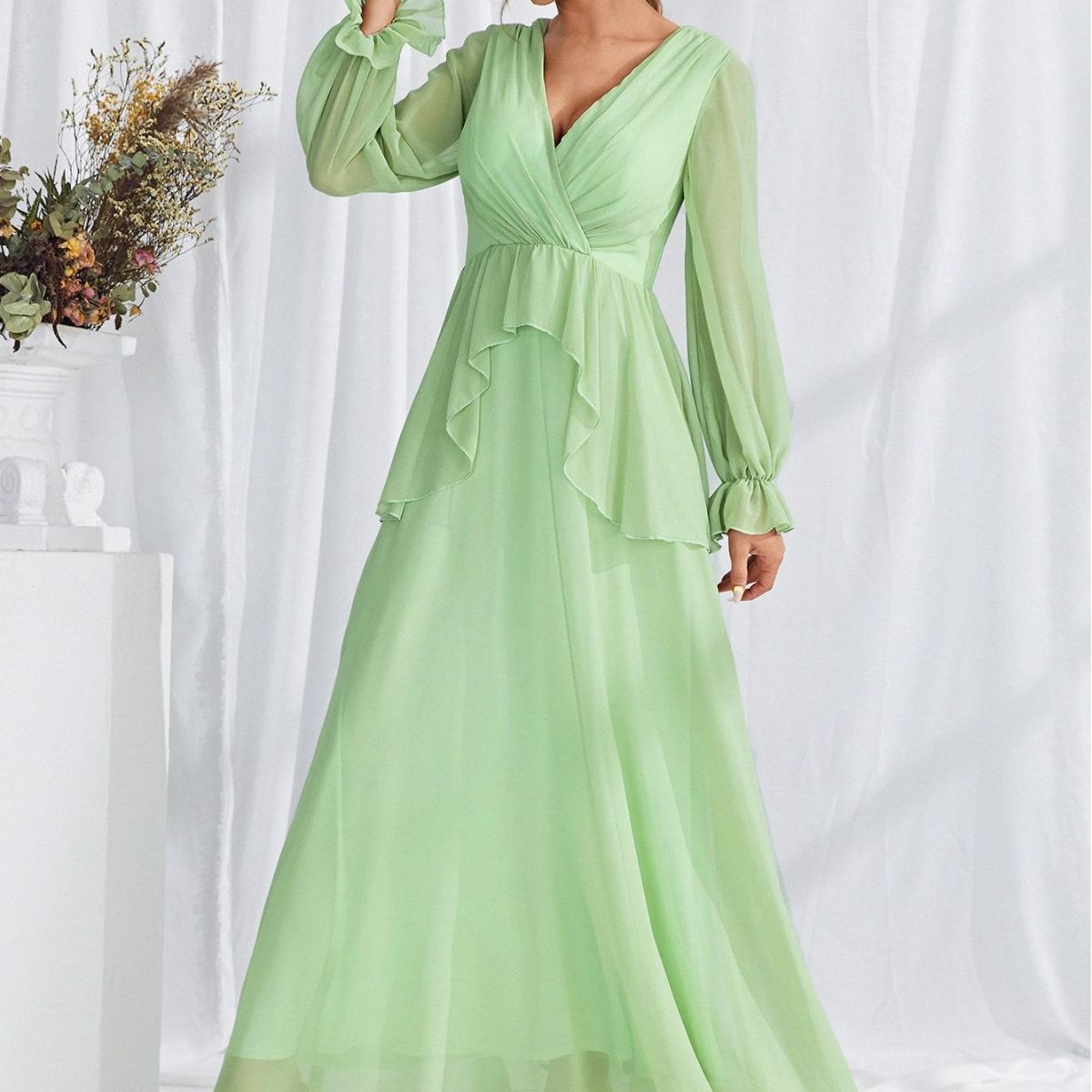 Chiffon V neck Evening Dress Puff Sleeve Ball Bridesmaid Dress Party
