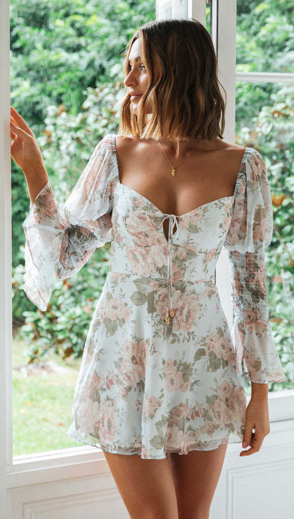 Floral Long Sleeve Lace up Short Dress