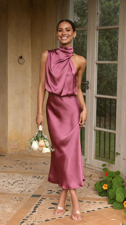 Sleeveless Halter Solid Color Satin Dress