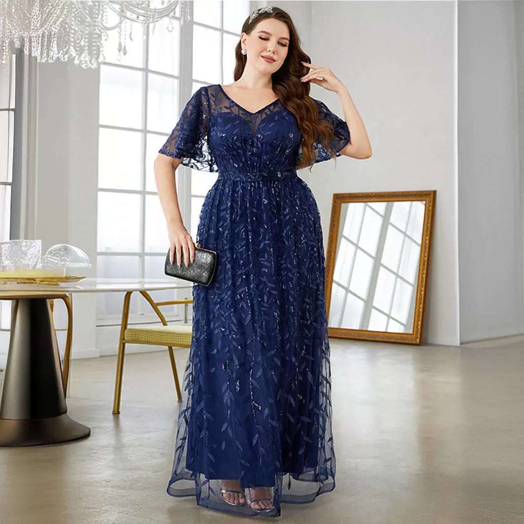 Plus Size Evening Dress Mid Sleeve Simple V neck Lace Dress Cocktail Gown