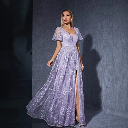Formal Evening Gown Maxi Dress Embroidered Mesh