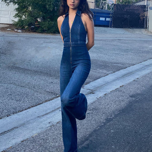Sleeveless V-neck High Waist Vintage Denim Jumpsuit